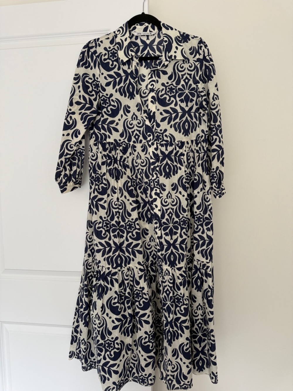 Zara Navy and White Floral Button-Front Shirt Dress